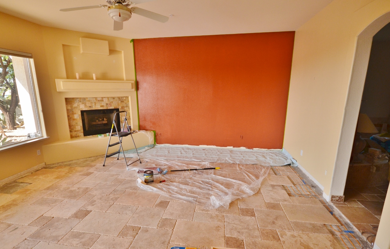Travertine floor in the master bedroom